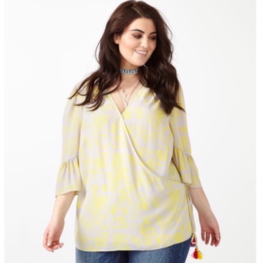 Melissa McCarthy Seven7 wrap blouse with tassels